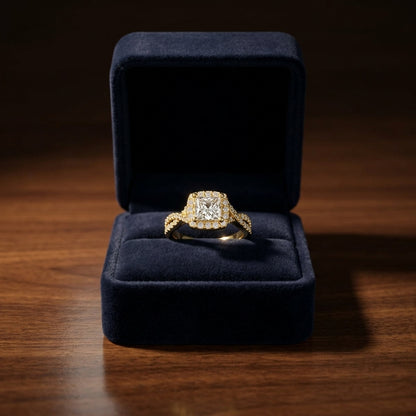 1 3/8ctw Round Diamond Square Halo Engagement Ring With Twisted Pave Shank In 14k Yellow Gold, Igi-certified — gift presentation