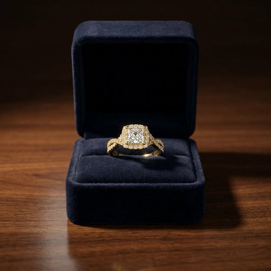 1 3/8ctw Round Diamond Square Halo Engagement Ring With Twisted Pave Shank In 14k Yellow Gold, Igi-certified — gift presentation