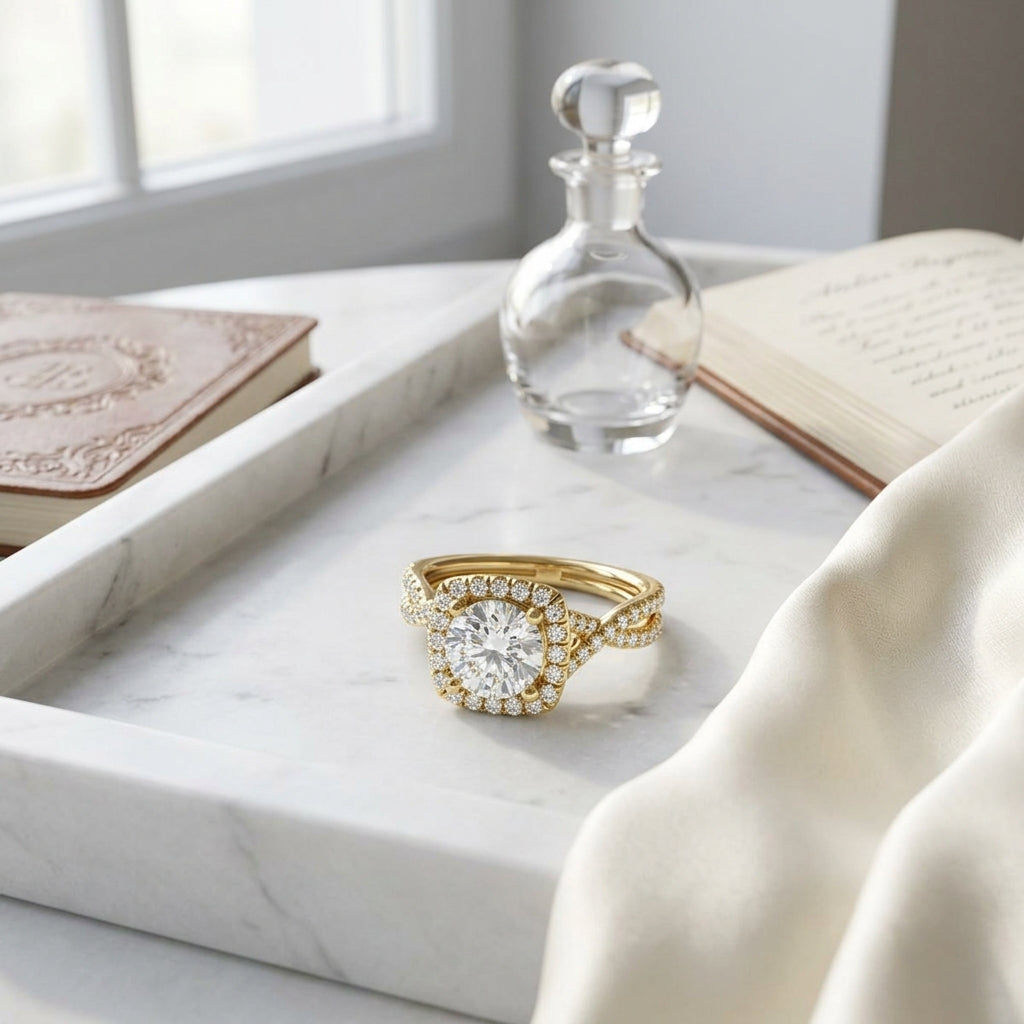 1 3/8ctw Round Diamond Square Halo Engagement Ring With Twisted Pave Shank In 14k Yellow Gold, Igi-certified — atelier still life