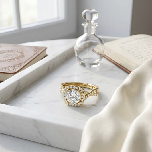 1 3/8ctw Round Diamond Square Halo Engagement Ring With Twisted Pave Shank In 14k Yellow Gold, Igi-certified — atelier still life