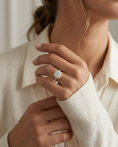 1 3/8ctw Round Diamond Square Halo Engagement Ring With Twisted Pave Shank In 14k Yellow Gold, Igi-certified — editorial close-up