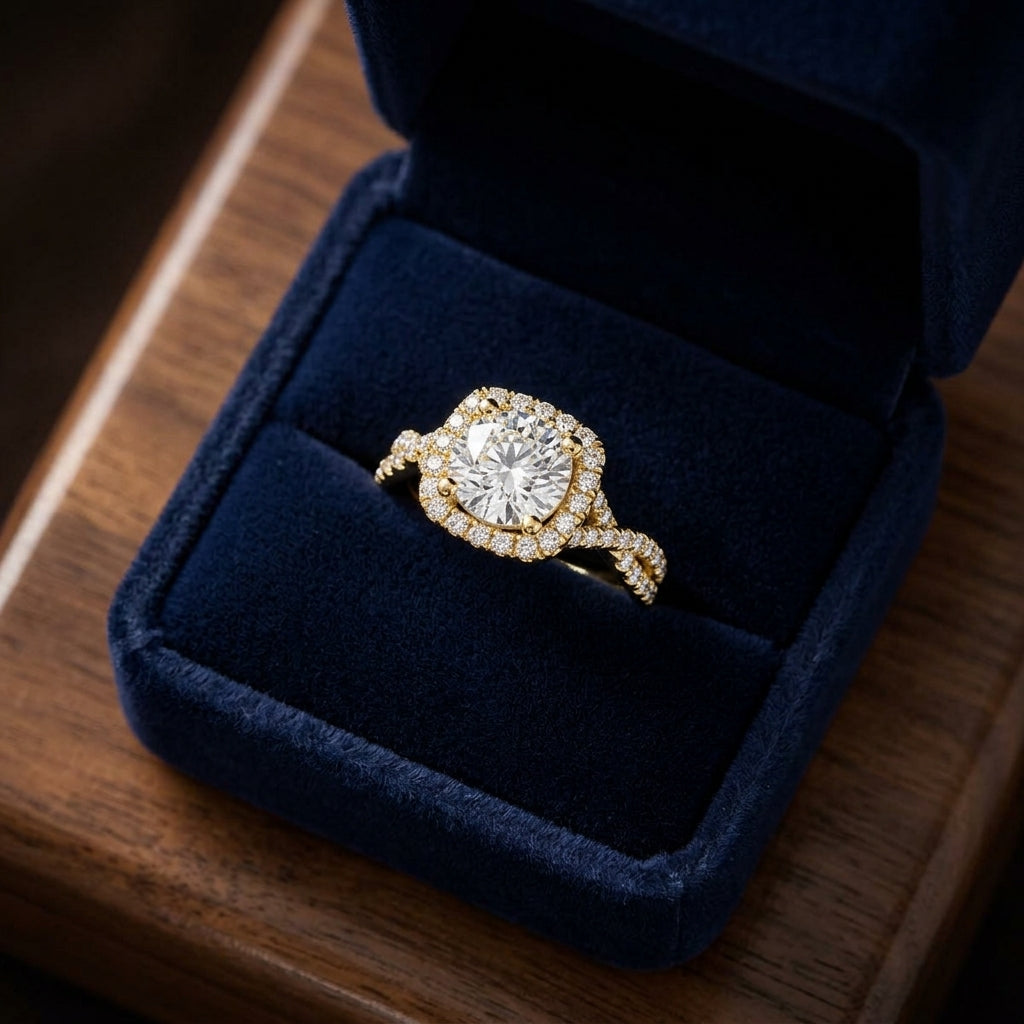 1 3/8ctw Round Diamond Square Halo Engagement Ring With Twisted Pave Shank In 14k Yellow Gold, Igi-certified — gift presentation