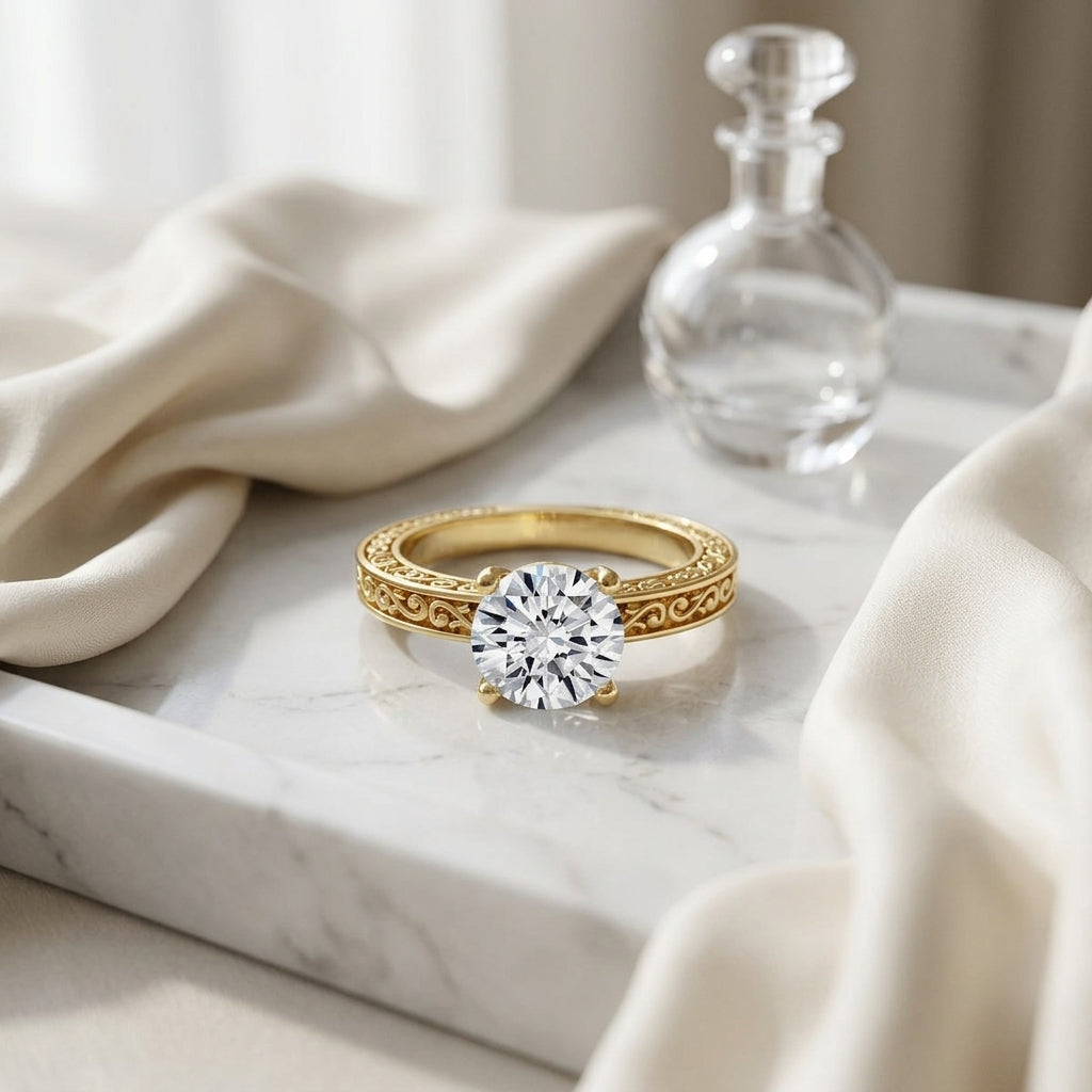 1ct Round Diamond Solitaire Engagement Ring With Scroll Detail Shank In 14k Yellow Gold, Igi-certified — atelier still life
