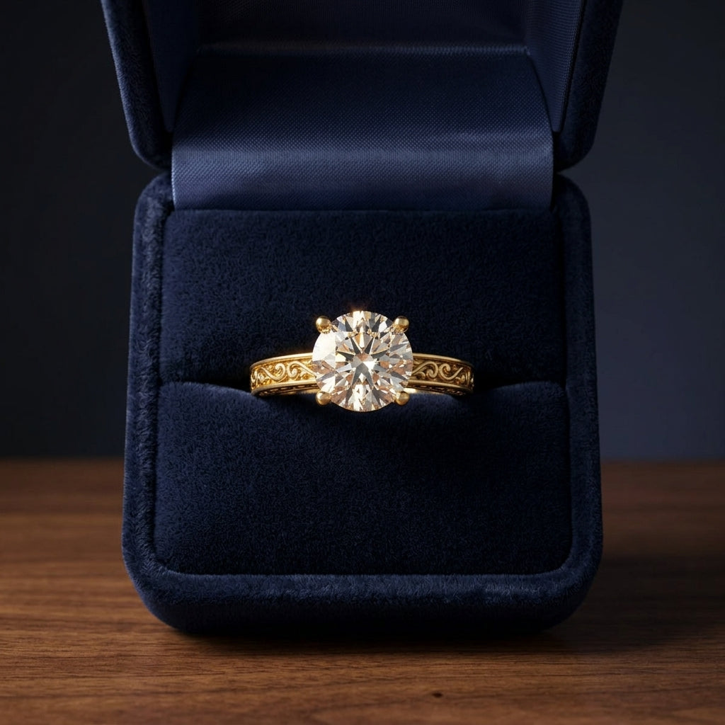 1ct Round Diamond Solitaire Engagement Ring With Scroll Detail Shank In 14k Yellow Gold, Igi-certified — gift presentation