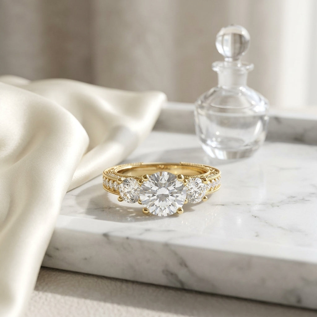 1 7/8ctw Round 3 Stone Engagement Ring With Diamond Pave Shank In 14k Yellow Gold, Igi-certified — atelier still life