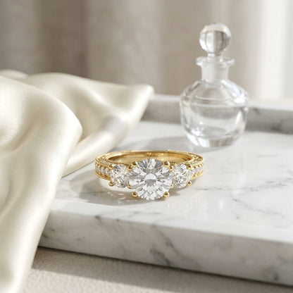 1 7/8ctw Round 3 Stone Engagement Ring With Diamond Pave Shank In 14k Yellow Gold, Igi-certified — atelier still life