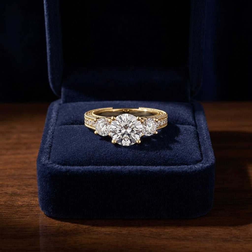 1 7/8ctw Round 3 Stone Engagement Ring With Diamond Pave Shank In 14k Yellow Gold, Igi-certified — gift presentation