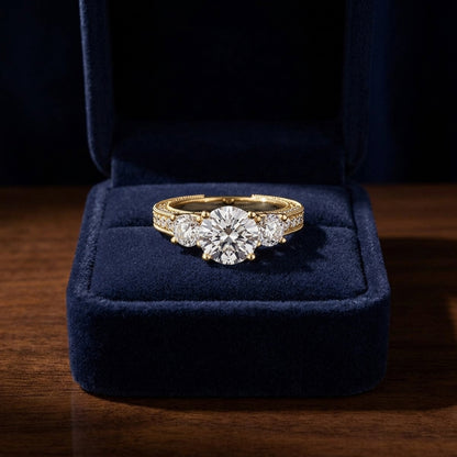 1 7/8ctw Round 3 Stone Engagement Ring With Diamond Pave Shank In 14k Yellow Gold, Igi-certified — gift presentation