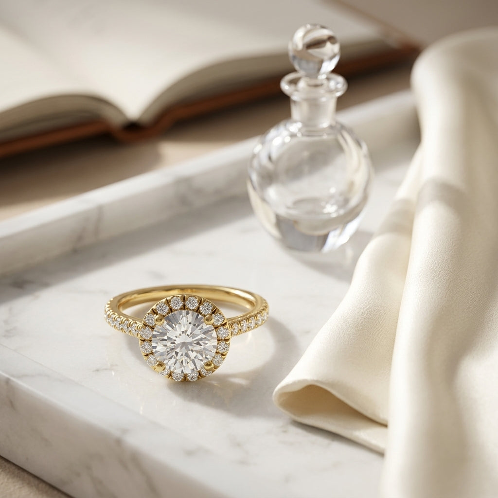 1 3/8ctw Round Diamond Halo Engagement Ring With Pave Shank In 14k Yellow Gold, Igi-certified — atelier still life
