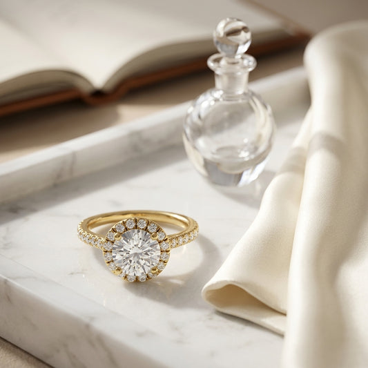 1 3/8ctw Round Diamond Halo Engagement Ring With Pave Shank In 14k Yellow Gold, Igi-certified — atelier still life