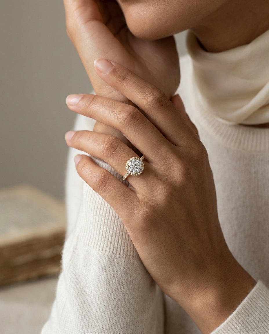1 3/8ctw Round Diamond Halo Engagement Ring With Pave Shank In 14k Yellow Gold, Igi-certified — editorial close-up