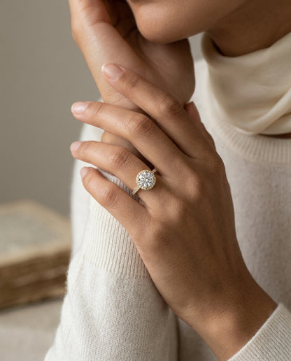 1 3/8ctw Round Diamond Halo Engagement Ring With Pave Shank In 14k Yellow Gold, Igi-certified — editorial close-up