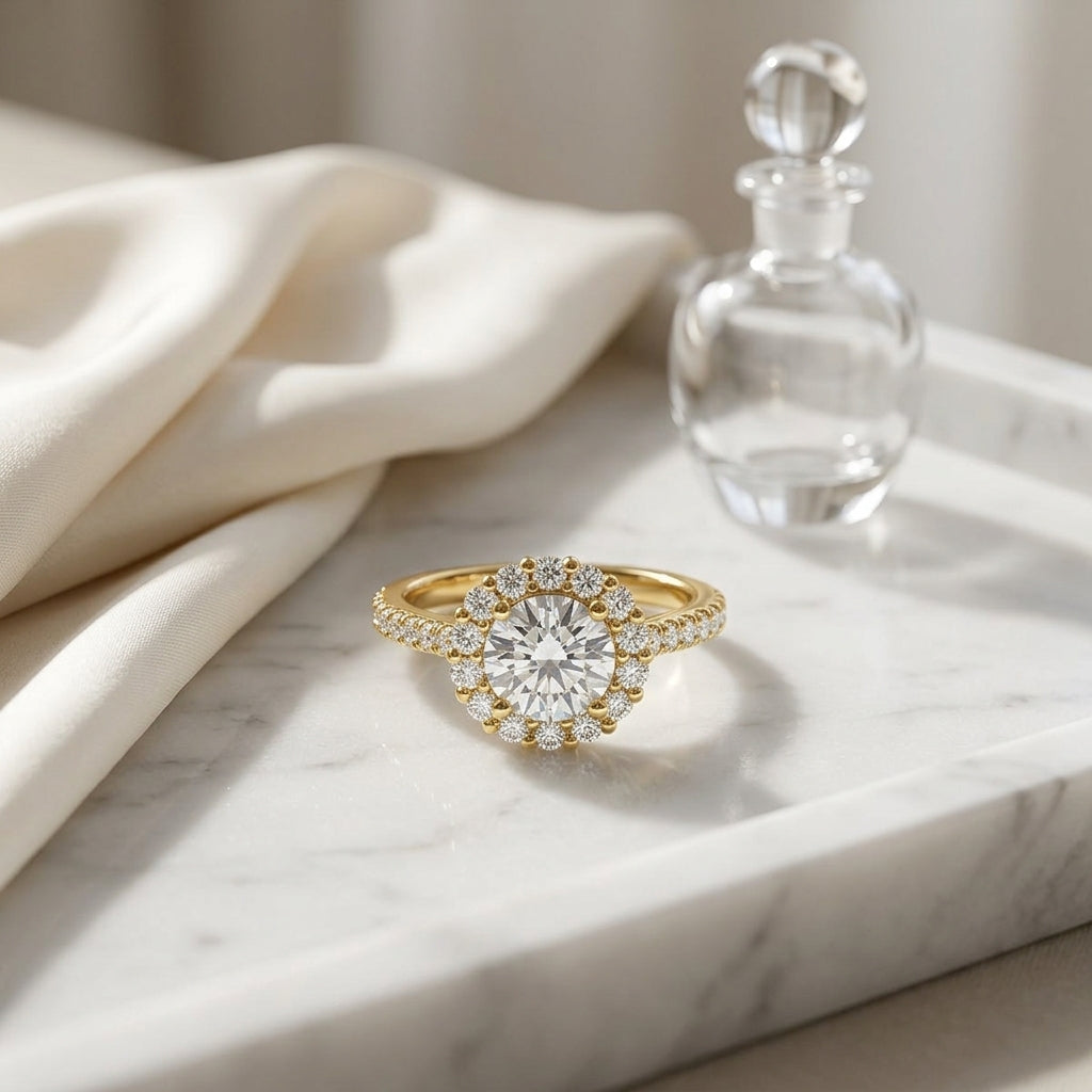 1 5/8ctw Round Diamond Halo Engagement Ring With Pave Shank In 14k Yellow Gold, Igi-certified — atelier still life