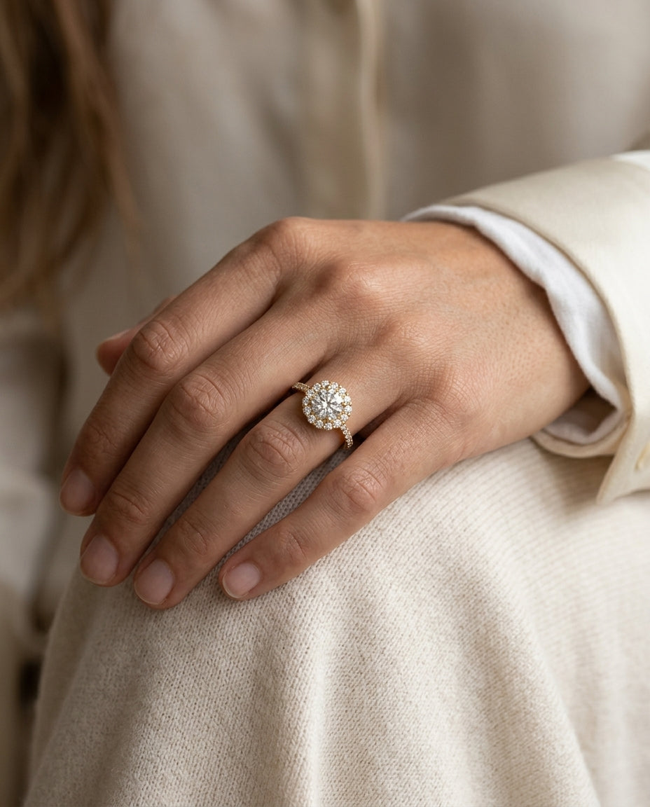 1 5/8ctw Round Diamond Halo Engagement Ring With Pave Shank In 14k Yellow Gold, Igi-certified — editorial close-up