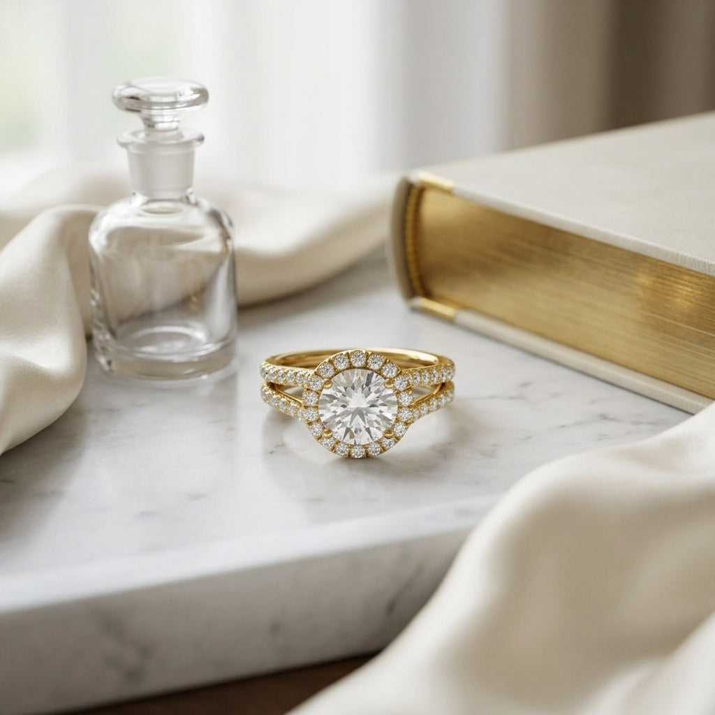 1 7/8ctw Round Diamond Halo Engagement Ring With A Split Shank In 14k Yellow Gold, Igi-certified — atelier still life