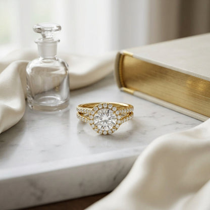 1 7/8ctw Round Diamond Halo Engagement Ring With A Split Shank In 14k Yellow Gold, Igi-certified — atelier still life