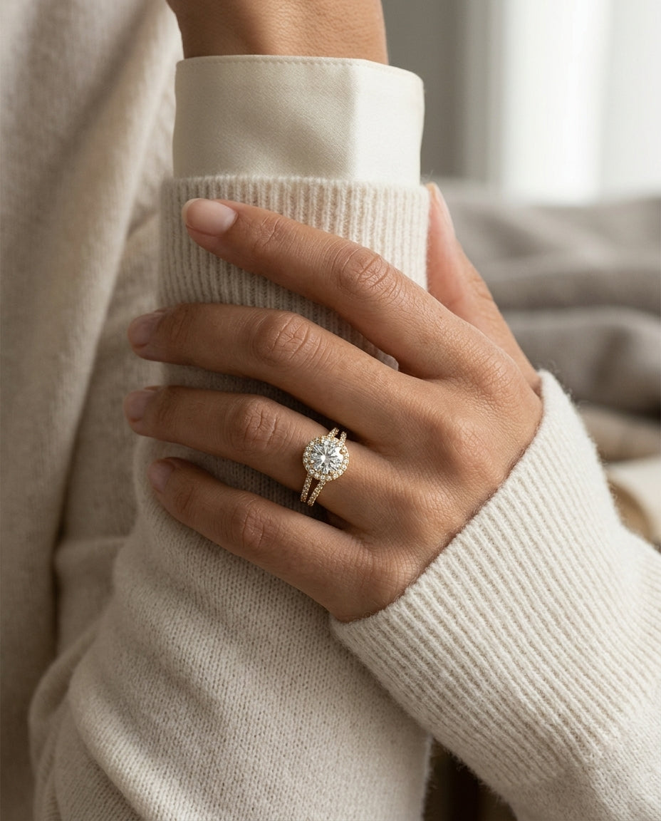 1 7/8ctw Round Diamond Halo Engagement Ring With A Split Shank In 14k Yellow Gold, Igi-certified — editorial close-up