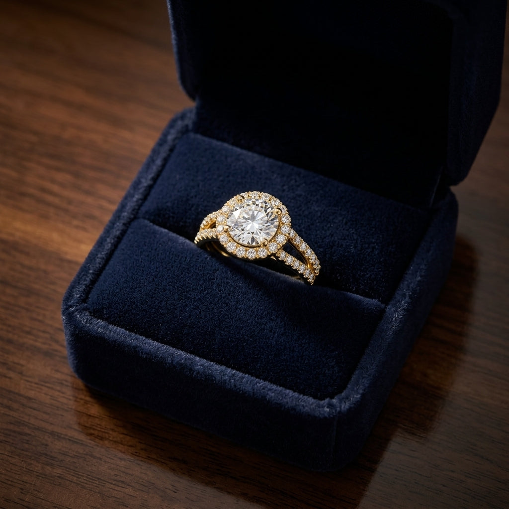 1 7/8ctw Round Diamond Halo Engagement Ring With A Split Shank In 14k Yellow Gold, Igi-certified — gift presentation