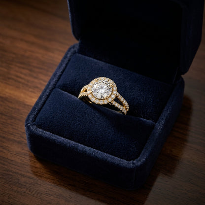 1 7/8ctw Round Diamond Halo Engagement Ring With A Split Shank In 14k Yellow Gold, Igi-certified — gift presentation