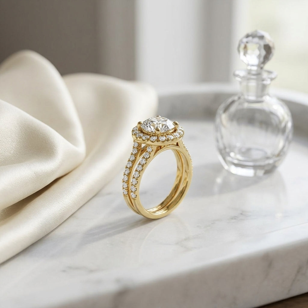 1 2/3ctw Round Diamond Halo Engagement Ring With A Split Shank In 14k Yellow Gold, Igi-certified — atelier still life