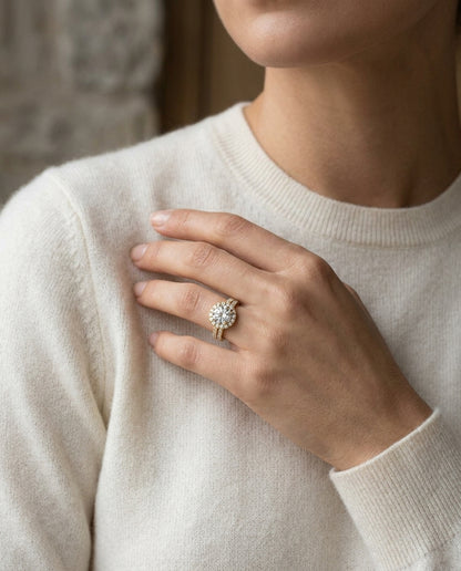1 2/3ctw Round Diamond Halo Engagement Ring With A Split Shank In 14k Yellow Gold, Igi-certified — editorial close-up