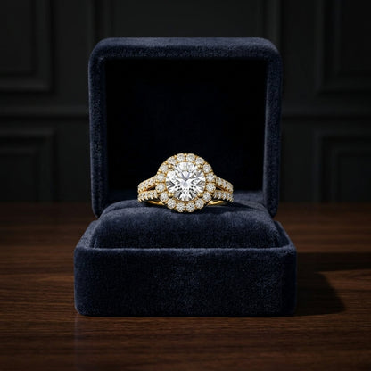 1 2/3ctw Round Diamond Halo Engagement Ring With A Split Shank In 14k Yellow Gold, Igi-certified — gift presentation