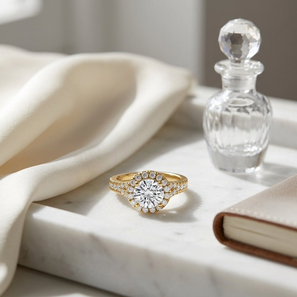1 1/2ctw Round Diamond Halo Engagement Ring With Semi-split Shank In 14k Yellow Gold, Igi-certified — atelier still life