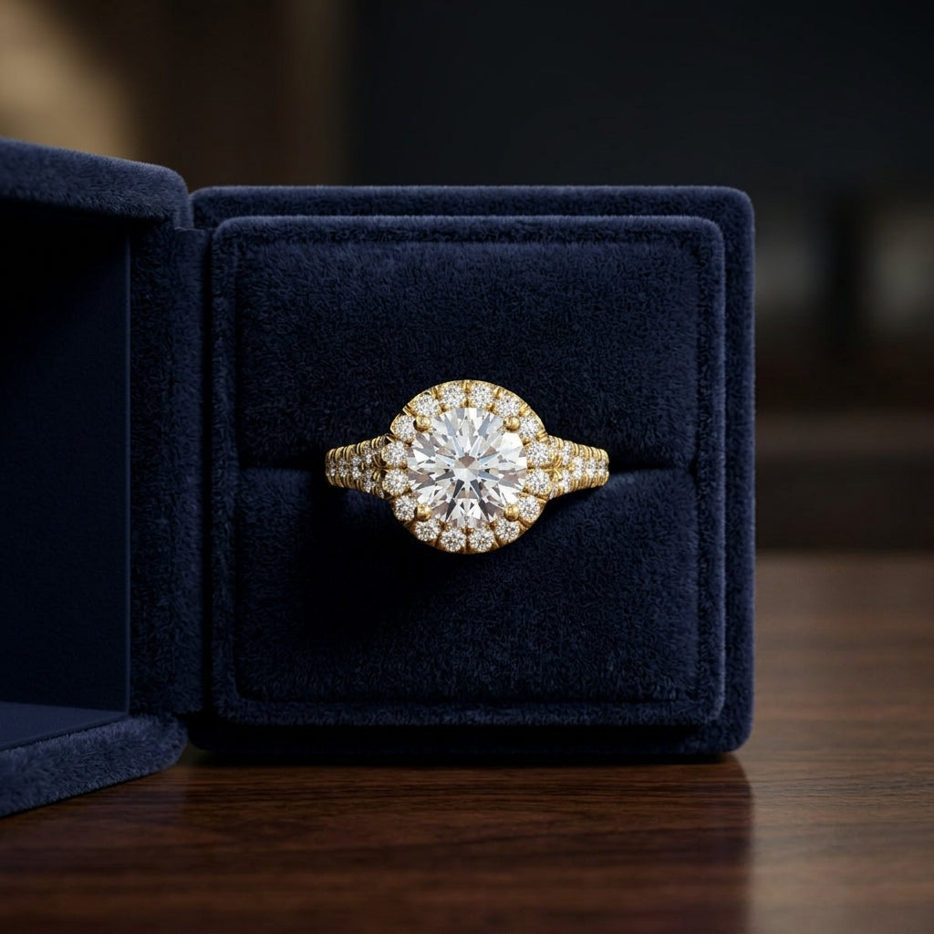 1 1/2ctw Round Diamond Halo Engagement Ring With Semi-split Shank In 14k Yellow Gold, Igi-certified — gift presentation