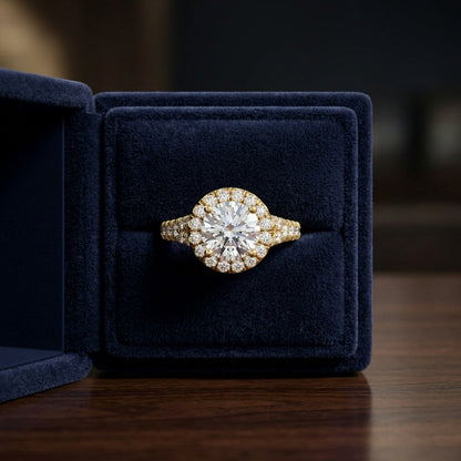1 1/2ctw Round Diamond Halo Engagement Ring With Semi-split Shank In 14k Yellow Gold, Igi-certified — gift presentation