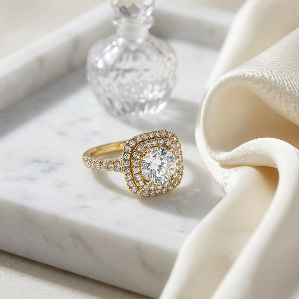 1 1/2ctw Round Diamond Double Square Halo Engagement Ring With Pave Shank In 14k Yellow Gold, Igi-certified — atelier still life