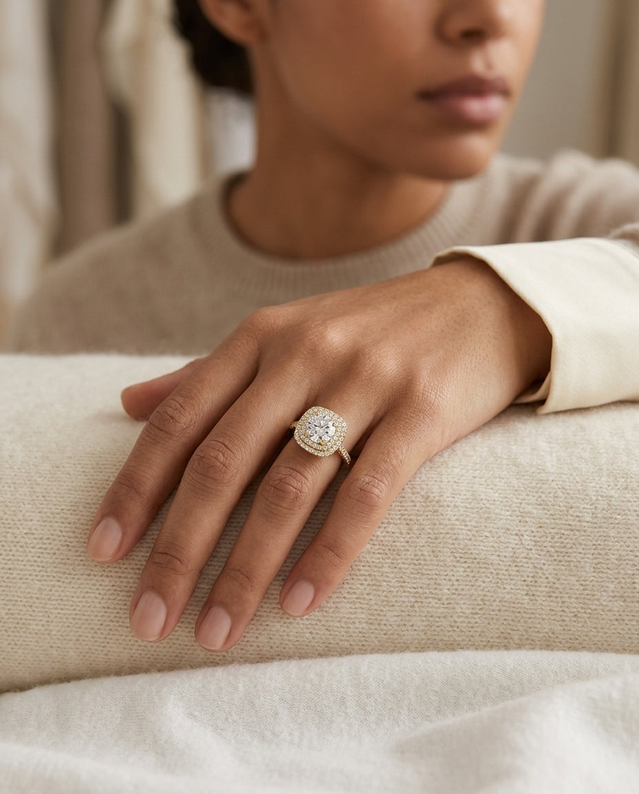 1 1/2ctw Round Diamond Double Square Halo Engagement Ring With Pave Shank In 14k Yellow Gold, Igi-certified — editorial close-up