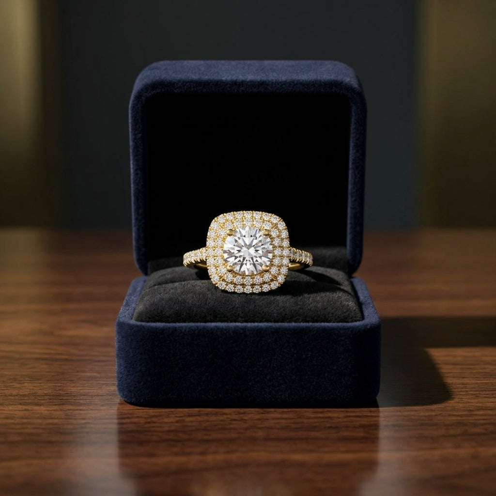 1 1/2ctw Round Diamond Double Square Halo Engagement Ring With Pave Shank In 14k Yellow Gold, Igi-certified — gift presentation