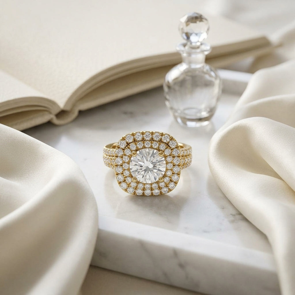 1 4/5ctw Round Diamond Double Square Halo Engagement Ring With Pave Split Shank In 14k Yellow Gold, Igi-certified — atelier still life