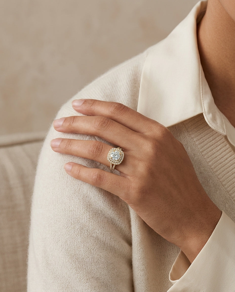 1 4/5ctw Round Diamond Double Square Halo Engagement Ring With Pave Split Shank In 14k Yellow Gold, Igi-certified — editorial close-up