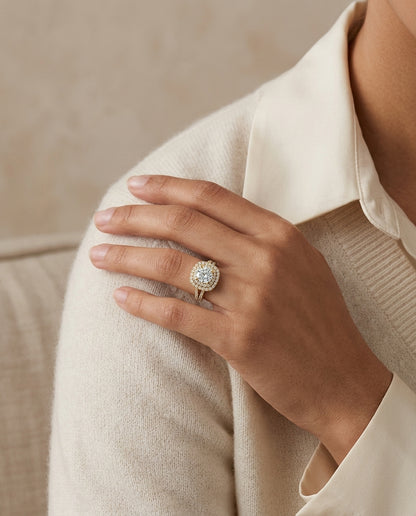 1 4/5ctw Round Diamond Double Square Halo Engagement Ring With Pave Split Shank In 14k Yellow Gold, Igi-certified — editorial close-up
