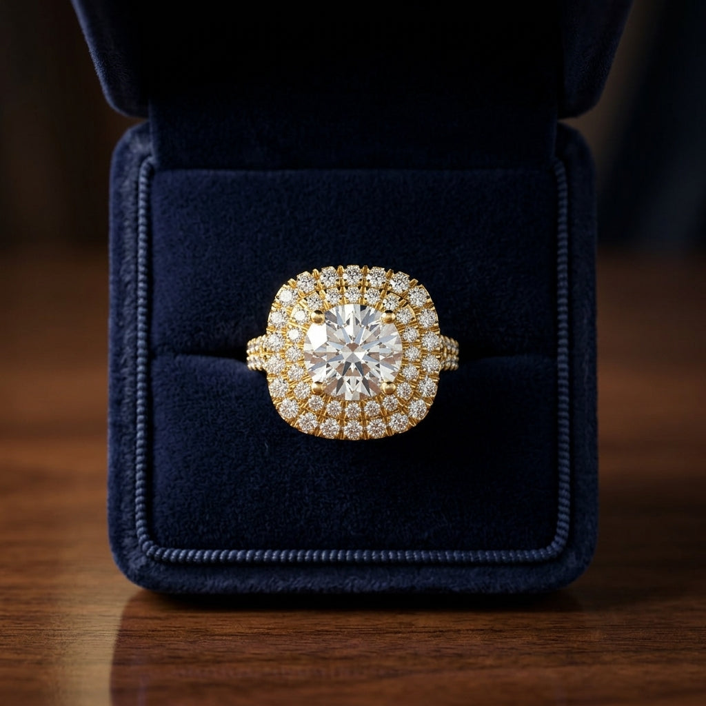 1 4/5ctw Round Diamond Double Square Halo Engagement Ring With Pave Split Shank In 14k Yellow Gold, Igi-certified — gift presentation