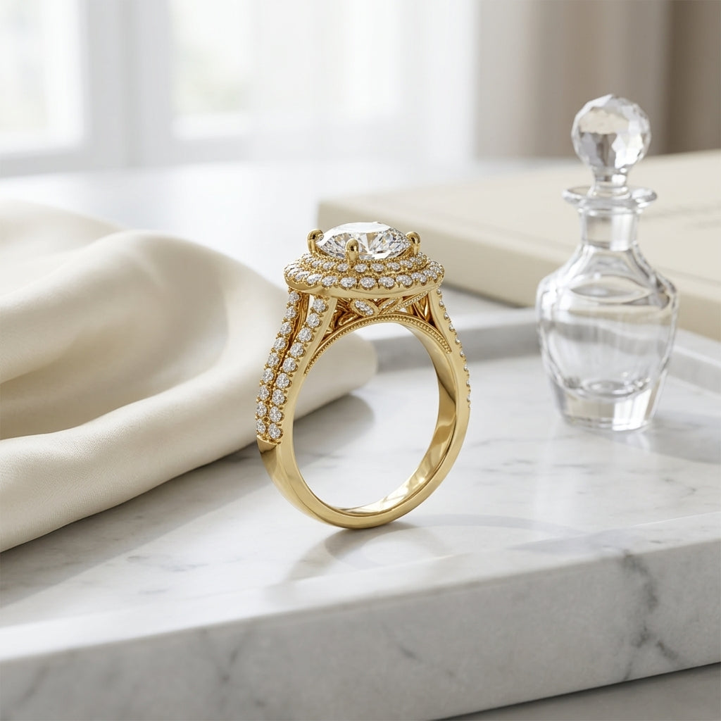 1 9/10ctw Round Diamond Double Halo Engagement Ring With Split Pave Shank In 14k Yellow Gold, Igi-certified — atelier still life