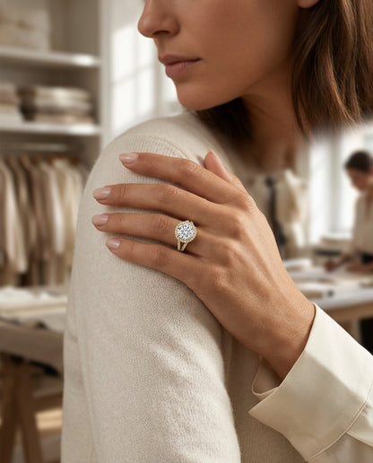 1 9/10ctw Round Diamond Double Halo Engagement Ring With Split Pave Shank In 14k Yellow Gold, Igi-certified — editorial close-up