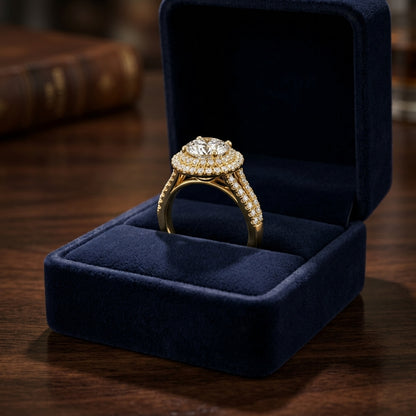 1 9/10ctw Round Diamond Double Halo Engagement Ring With Split Pave Shank In 14k Yellow Gold, Igi-certified — gift presentation
