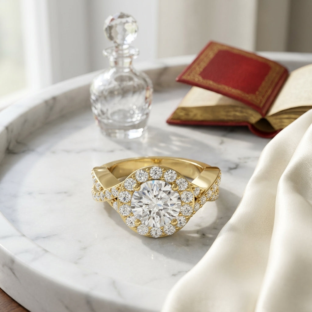 1 3/4ctw Round Diamond Halo Engagement Ring With Infinity  Shank In 14k Yellow Gold, Igi-certified — atelier still life