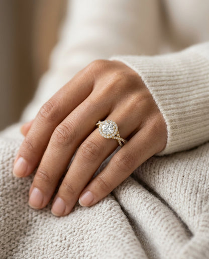 1 3/4ctw Round Diamond Halo Engagement Ring With Infinity  Shank In 14k Yellow Gold, Igi-certified — editorial close-up