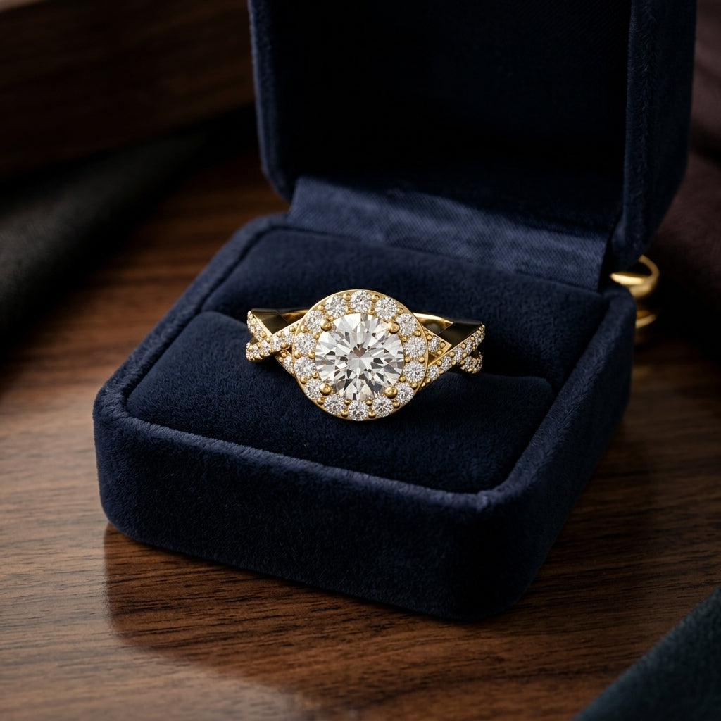 1 3/4ctw Round Diamond Halo Engagement Ring With Infinity  Shank In 14k Yellow Gold, Igi-certified — gift presentation