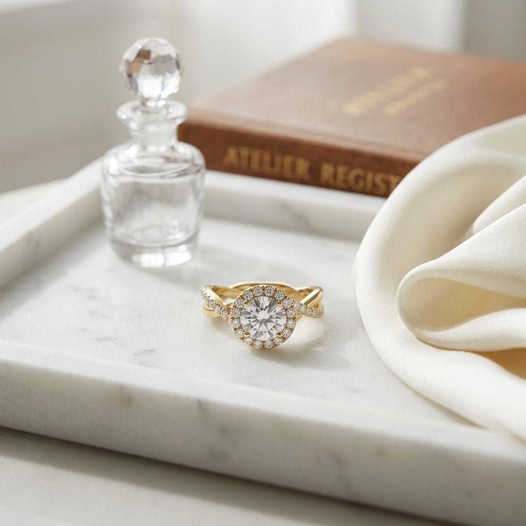 1 3/8ctw Round Diamond Halo Engagement Ring With Infinity  Shank In 14k Yellow Gold, Igi-certified — atelier still life