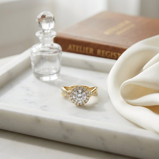 1 3/8ctw Round Diamond Halo Engagement Ring With Infinity  Shank In 14k Yellow Gold, Igi-certified — atelier still life