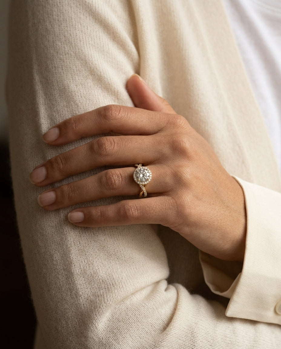1 3/8ctw Round Diamond Halo Engagement Ring With Infinity  Shank In 14k Yellow Gold, Igi-certified — editorial close-up