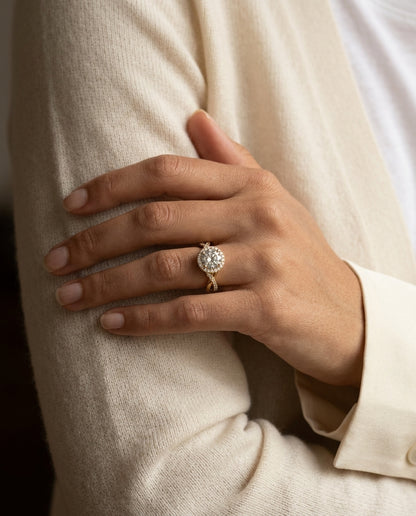 1 3/8ctw Round Diamond Halo Engagement Ring With Infinity  Shank In 14k Yellow Gold, Igi-certified — editorial close-up
