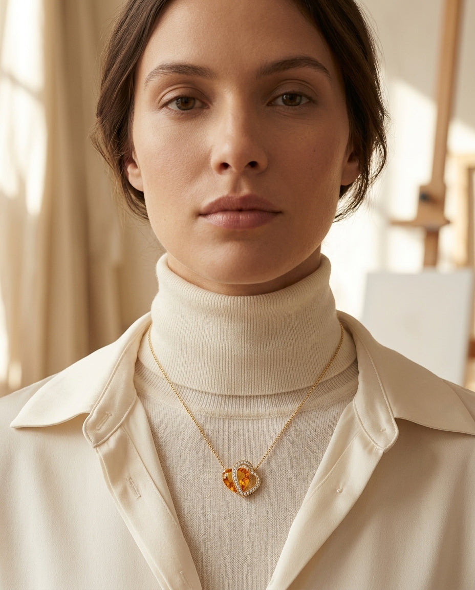 Citrine & Diamond Heart Shape Necklace In 14k Yellow Gold — editorial close-up