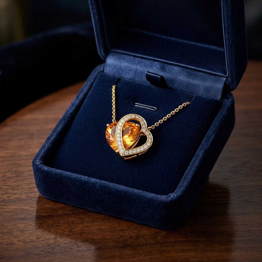 Citrine & Diamond Heart Shape Necklace In 14k Yellow Gold — gift presentation