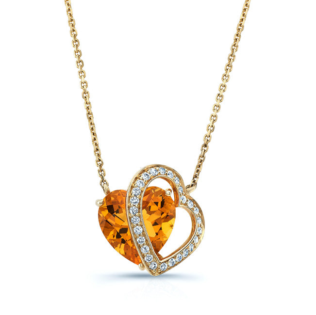 Citrine & Diamond Heart Shape Necklace In 14k Yellow Gold