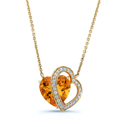Citrine & Diamond Heart Shape Necklace In 14k Yellow Gold